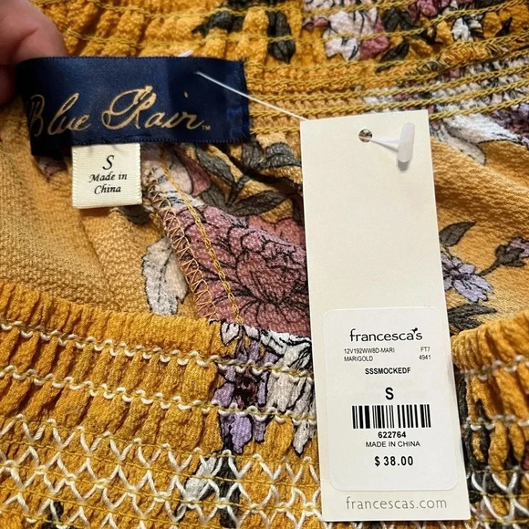 Francesca’s Floral Yellow Blue Rain Off the Shoulder‎ top NWT size S - Picture 11 of 12